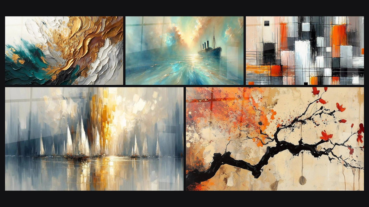 Mosaico di cinque quadri, tra cui Traccia in Oro e Giada, Nel Cuore della Brezza e Meccanica dei Colori