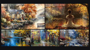 Mosaïque de cinq tableaux, dont Maison Havre Paisible, Femme en Robe Blanche Instant Suspendu et Rivière automnale