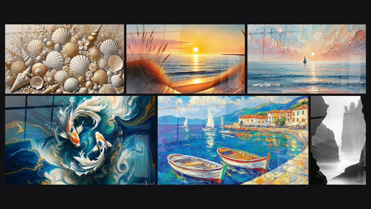 Mosaic of six paintings, including Jewels of the Sands, When the Day Falls Asleep and Twilight Journey