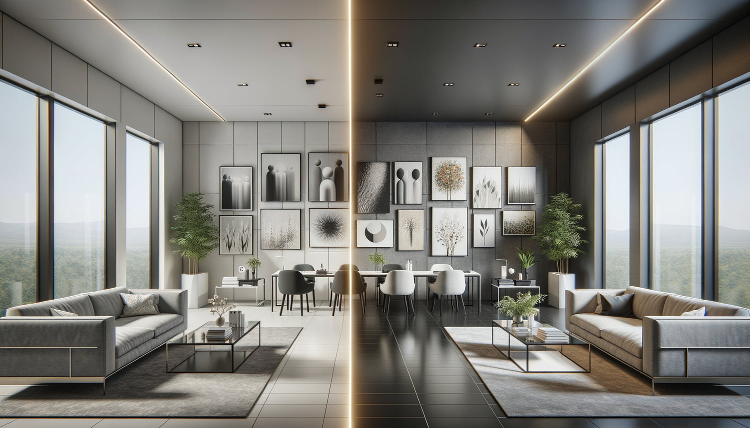 Comparaison d'intérieurs de cabinet professionnel avec approche artistique unifiée versus diversifiée en décoration murale contemporaine