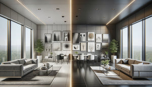 Comparaison d'intérieurs de cabinet professionnel avec approche artistique unifiée versus diversifiée en décoration murale contemporaine