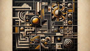 Composition Universalismo Constructivo de Torres García années 1930, grille noire structurant symboles précolombiens, ratio 30-70 noir-couleur