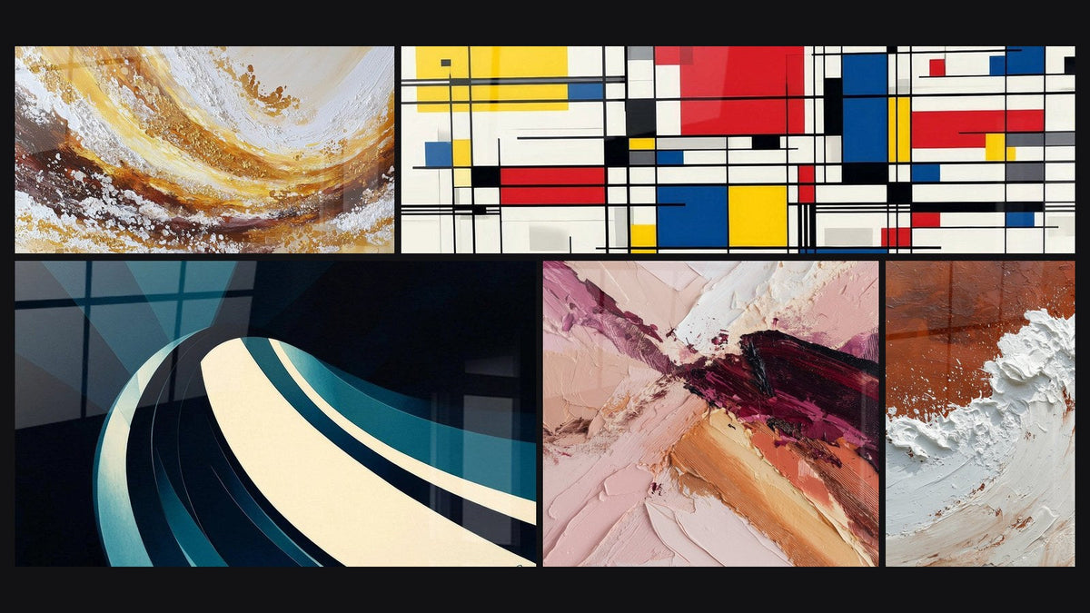 Mosaic of five paintings, including Geometric Composition and Modern Spiral Wave