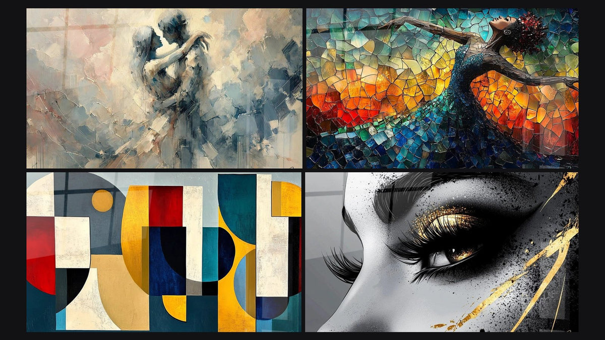 Mosaic of four paintings, including Between Us, Colored geometric shapes and Golden Tear Eye
