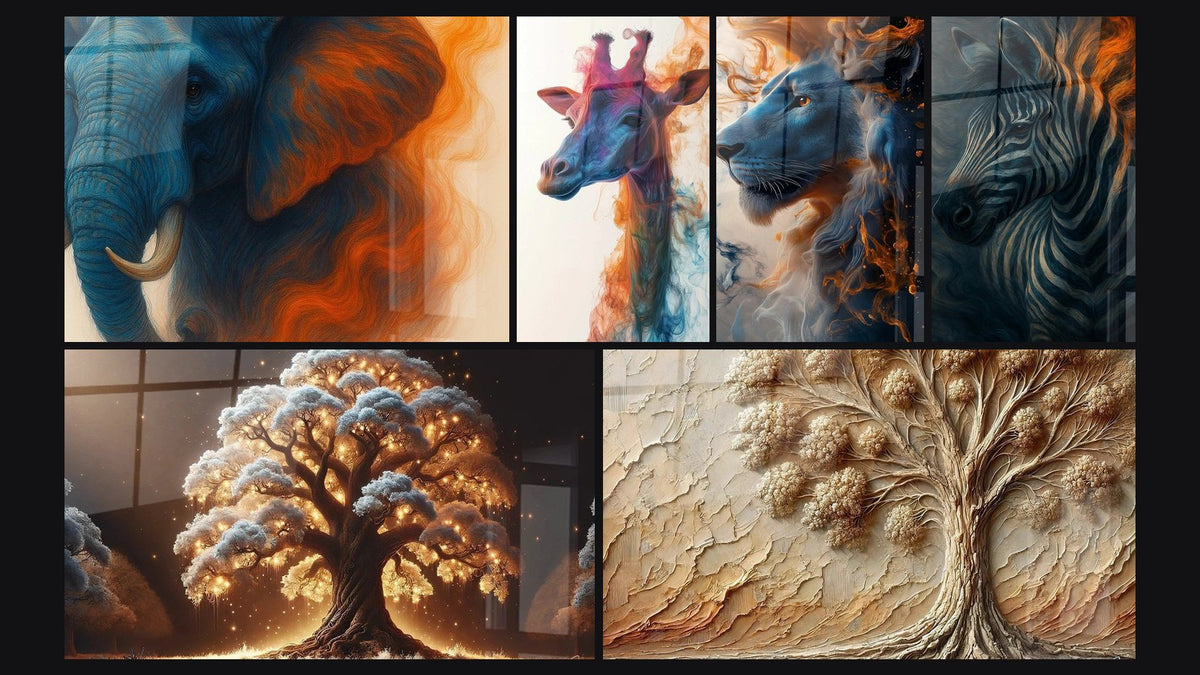 Mosaico de seis cuadros, entre ellos Elance -Edición Mythoscène Fluido y Melena Celeste -Edición Mitoscena fluida