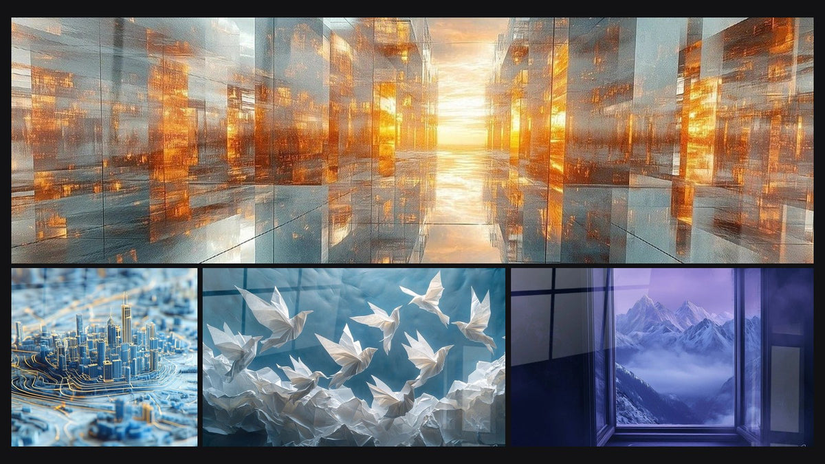Mosaico de cuatro cuadros, entre ellos Metrópolis alma de cobre, Ciudad Sueño de Acero Azul y Origami Baile de Papel