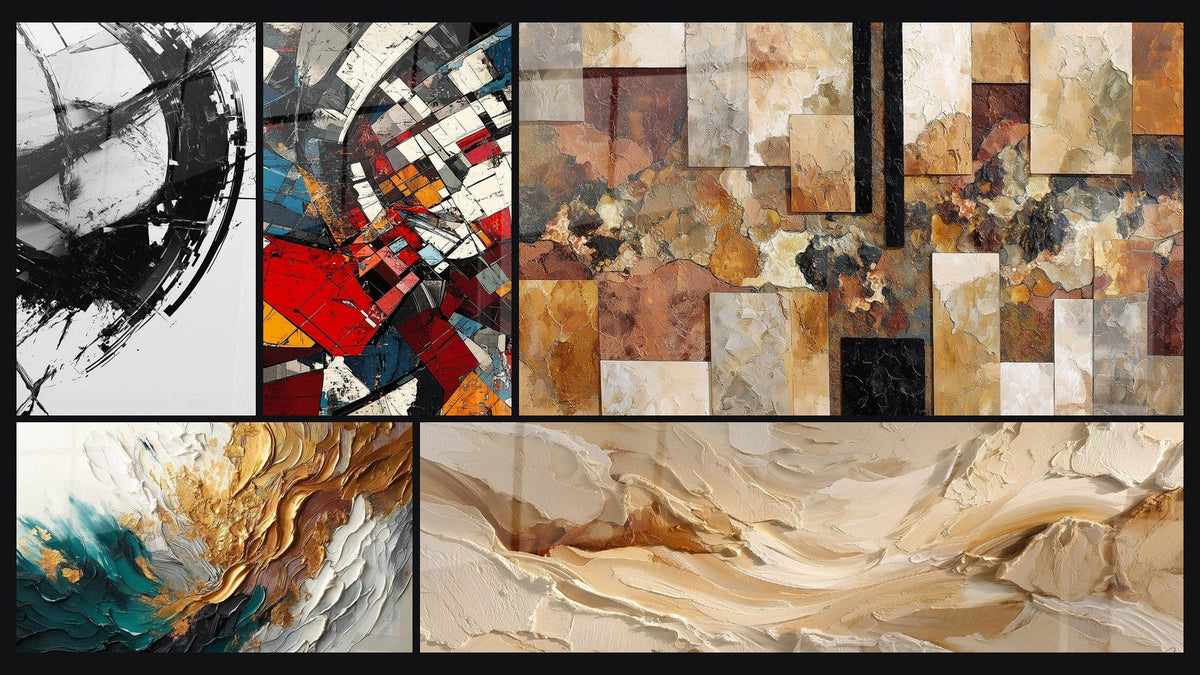 Mosaic of five paintings, including The Break in Time, Trace Artwork in Gold and Jade and Architectural Revolution Modern