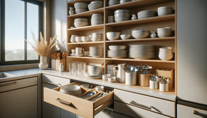 Cuisine Airbnb moderne avec vaisselle blanche élégante organisée sur étagères en bois, couverts et verres rangés