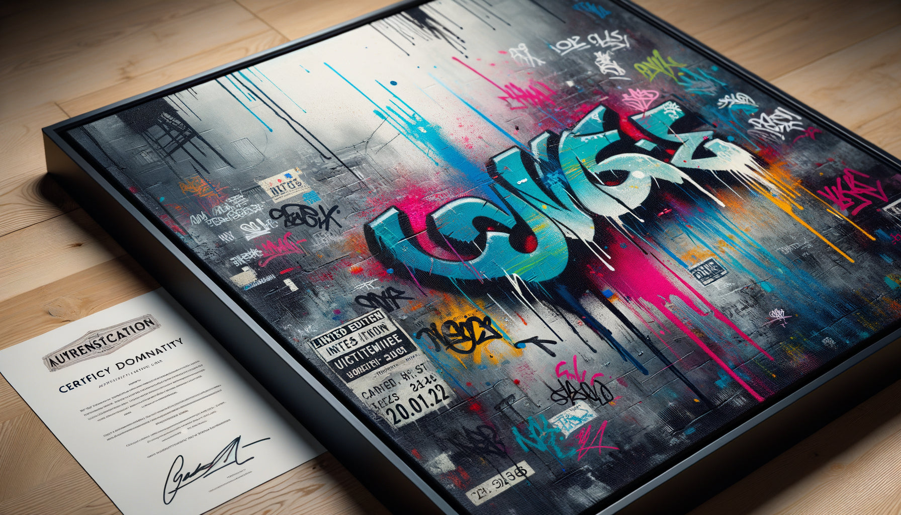 Tableau street art contemporain en gros plan avec signature d'artiste et certificat d'authenticité, techniques graffiti et pochoir