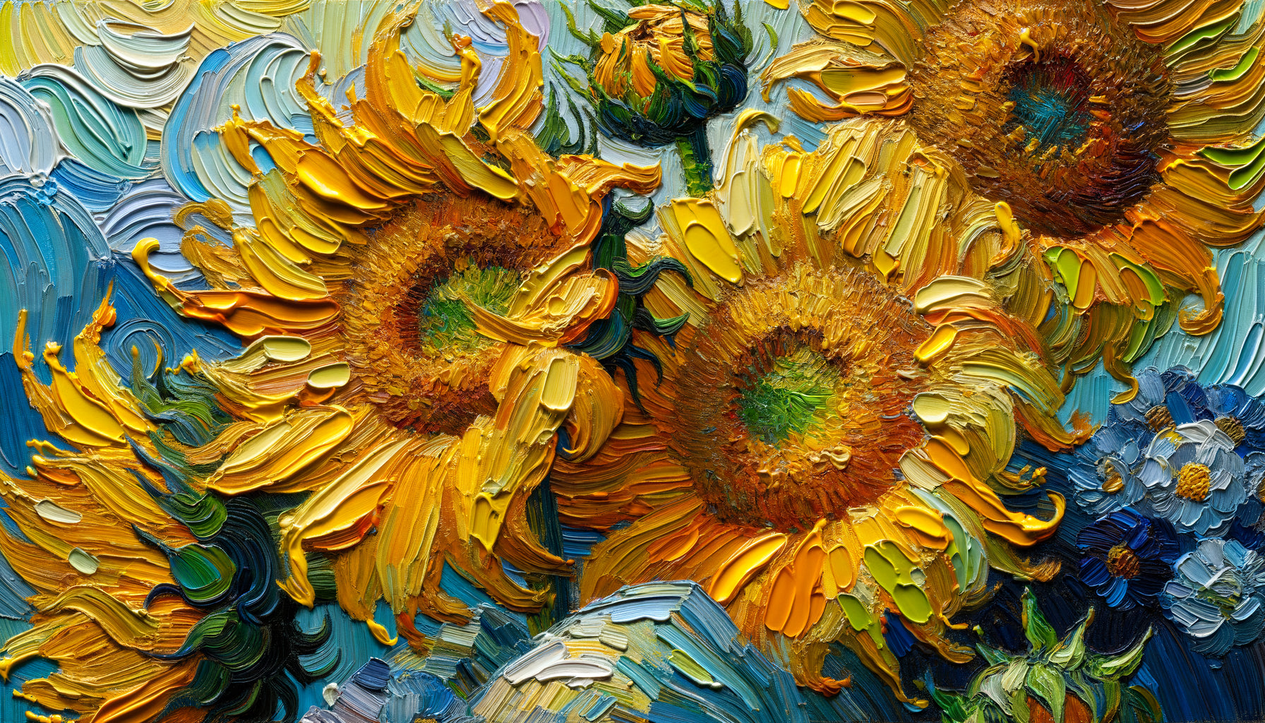 Détail en gros plan de tournesols de Van Gogh avec empâtements épais de jaune de chrome caractéristique du post-impressionnisme
