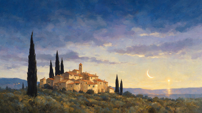Un ciel d'avant l'aube avec un croissant de lune au-dessus d'un village et de grands cyprès sombres