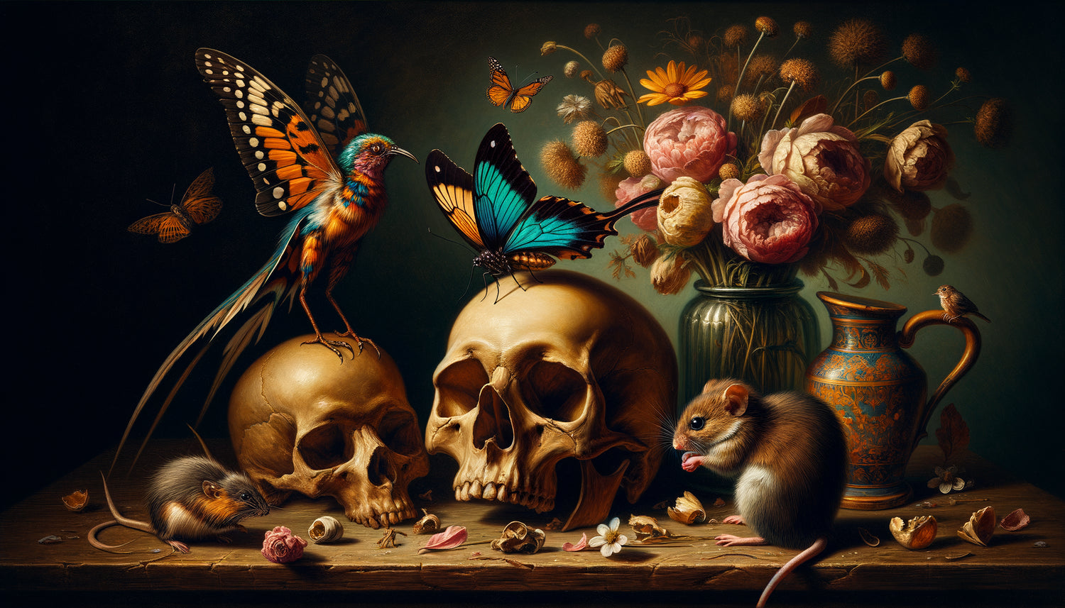 Nature morte vanité baroque du 17ème siècle contrastant animaux vivants et morts avec symbolique memento mori