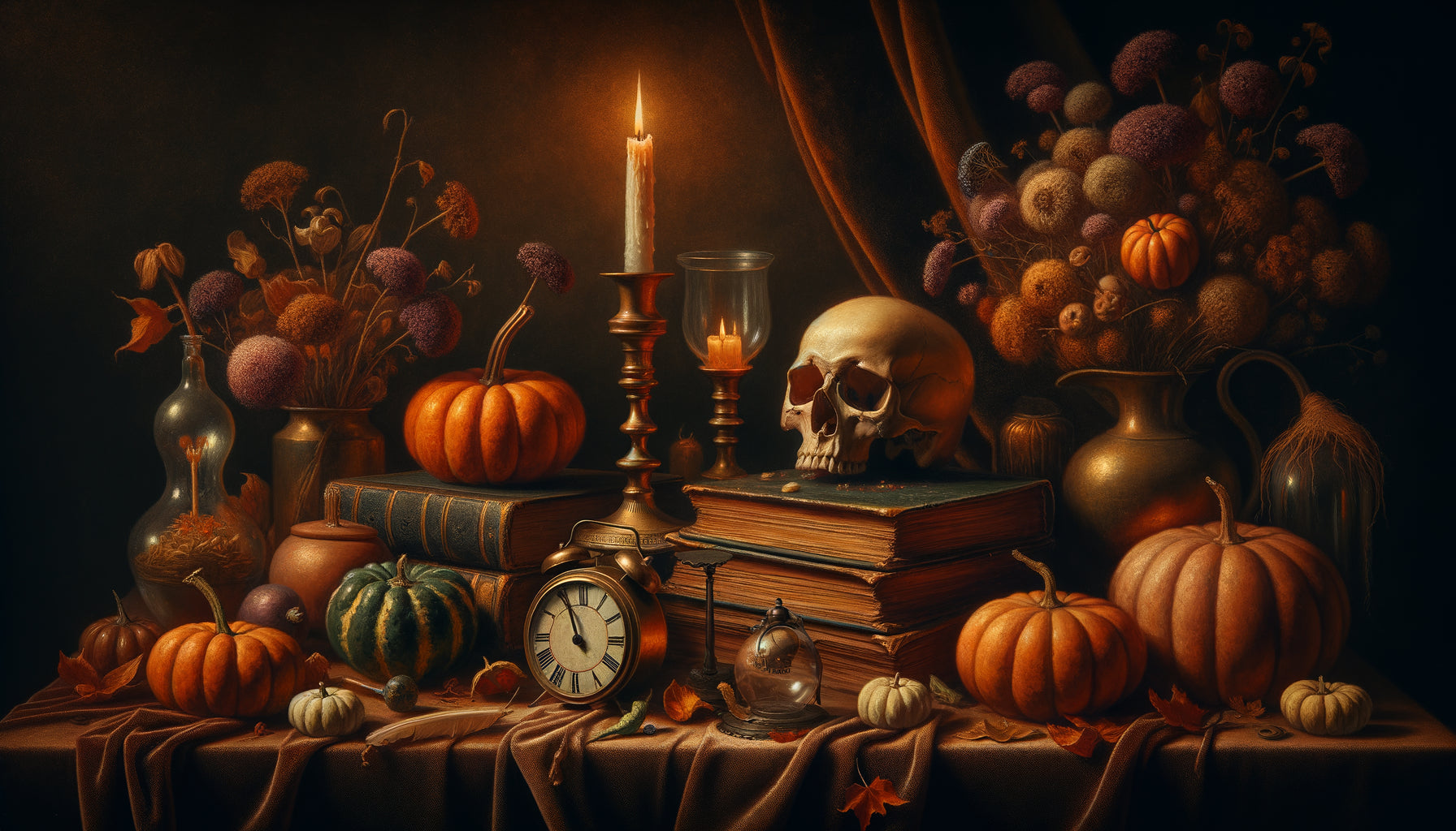 Nature morte vanité hollandaise du XVIIe siècle avec crâne, citrouilles, bougie et livres anciens, esthétique memento mori