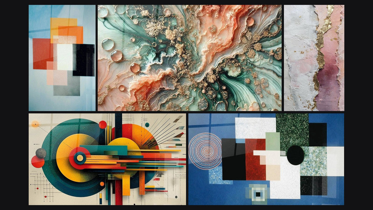 Mosaic of five paintings, including Geometric Shapes Functional Contrast, Coral Dream and Geometric Concentric Energy
