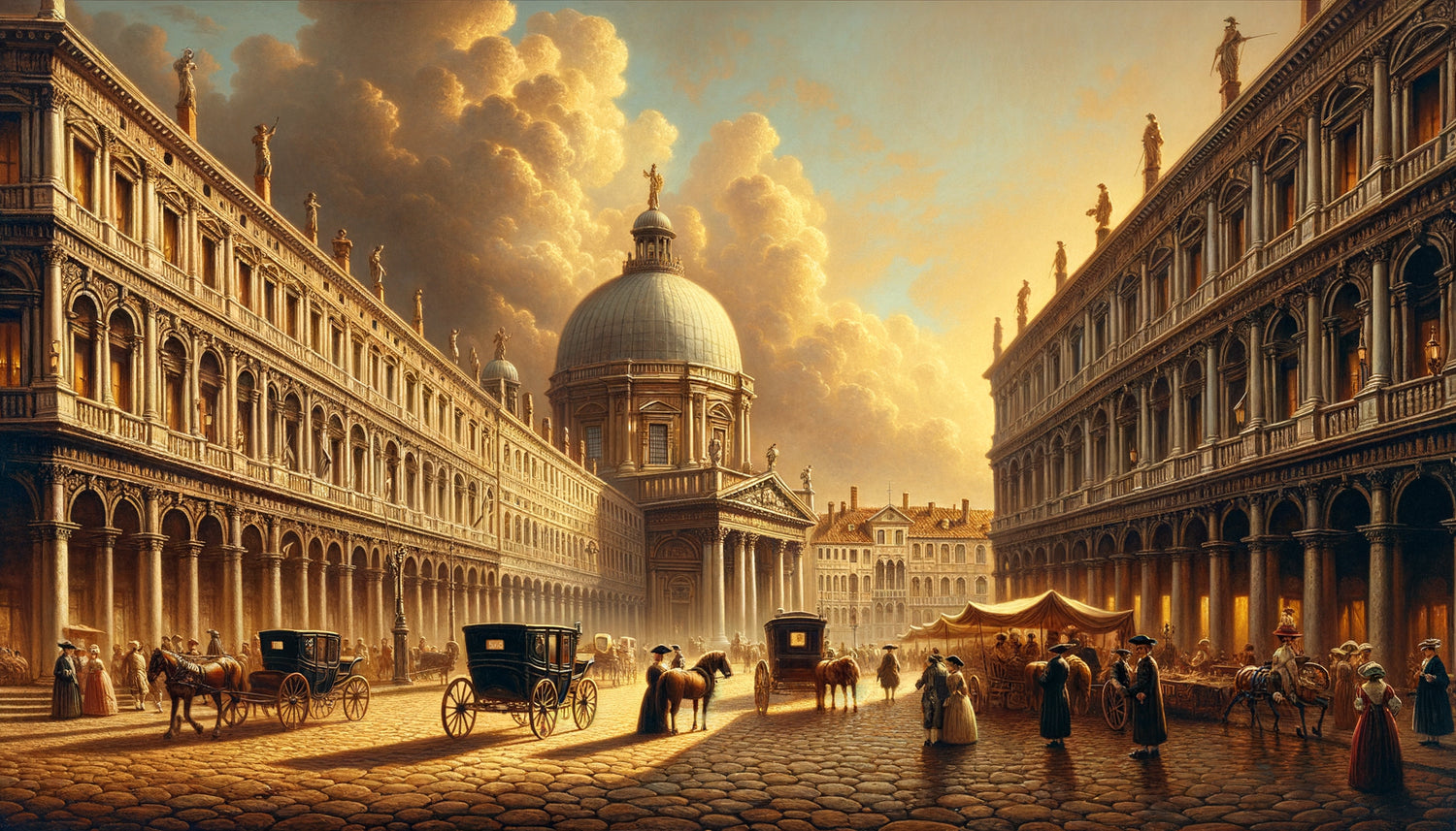 Veduta urbaine du 18ème siècle dans le style précis de Bernardo Bellotto, architecture baroque détaillée