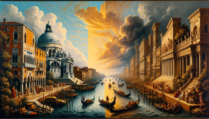 Comparaison veduta et capriccio, peinture vénitienne du XVIIIe siècle, style Canaletto versus fantaisie architecturale