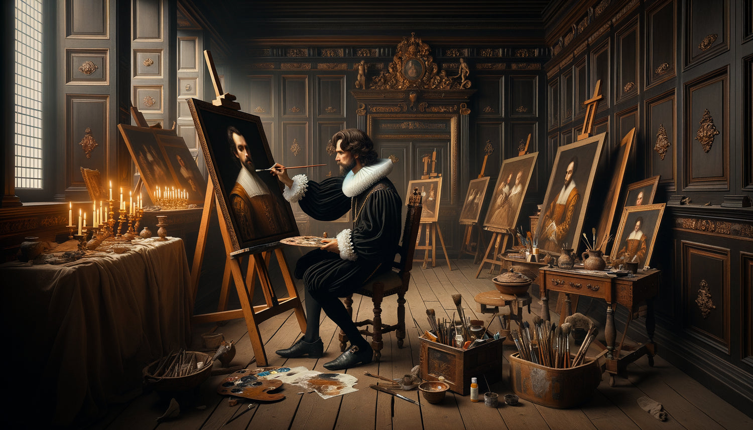 Velázquez peignant méticuleusement dans son atelier de cour, Siècle d'Or espagnol, baroque 17ème siècle