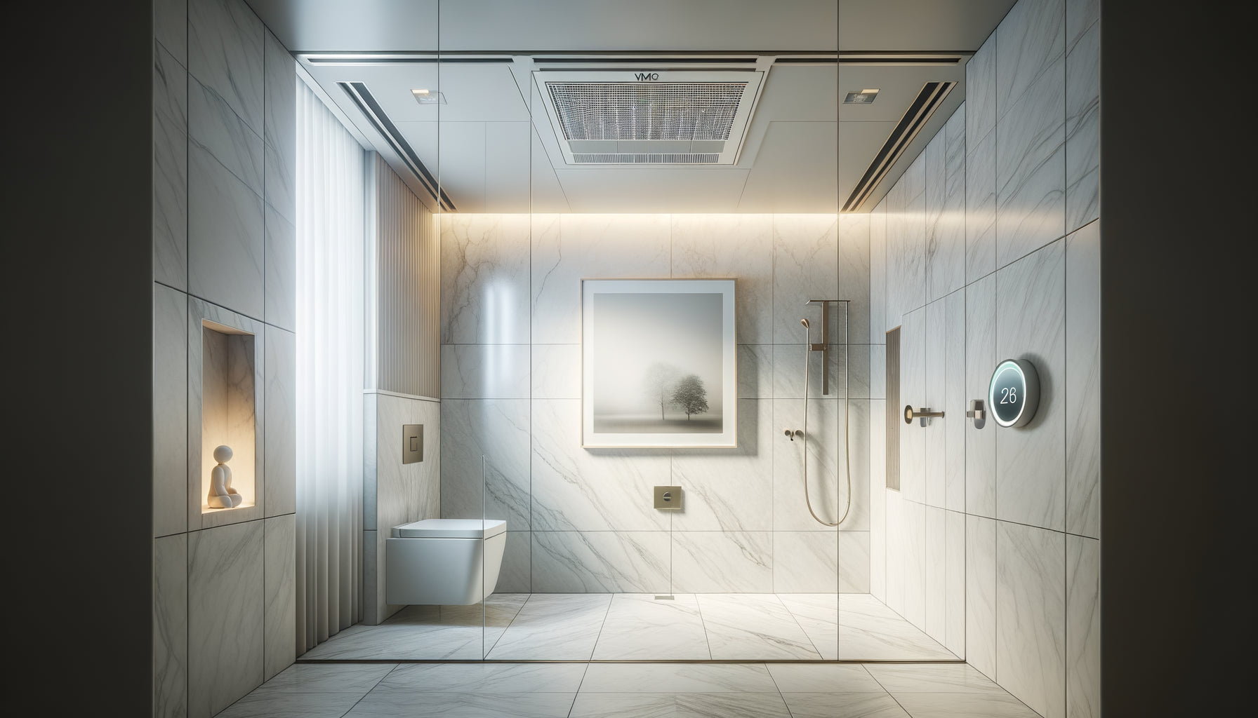 Salle de bain contemporaine avec tableau encadré et système de ventilation VMC visible au plafond pour contrôler l'humidité