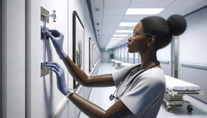 Professionnel de santé vérifiant la solidité d'une fixation murale pour tableau dans un corridor d'hôpital moderne
