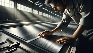 Artisan vérifiant la planéité d'un panneau composite avec une règle droite sous éclairage rasant en atelier professionnel