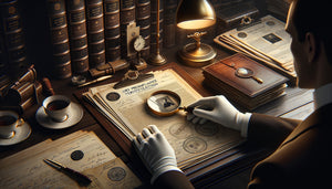 Expert examinant minutieusement des documents de provenance d'œuvre d'art avec gants blancs sur bureau professionnel