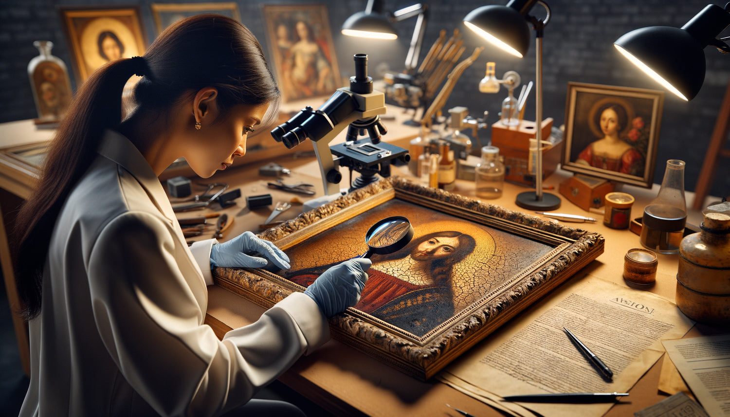 Expert examinant un tableau ancien à la loupe avec documents d'authenticité et outils scientifiques d'analyse
