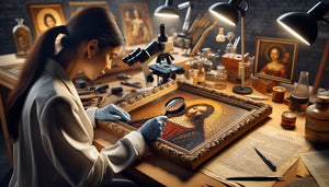 Expert examinant un tableau ancien à la loupe avec documents d'authenticité et outils scientifiques d'analyse