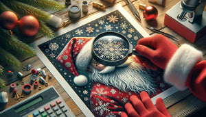 Inspection professionnelle en gros plan d'une impression de tableau de Noël montrant la texture et qualité des encres