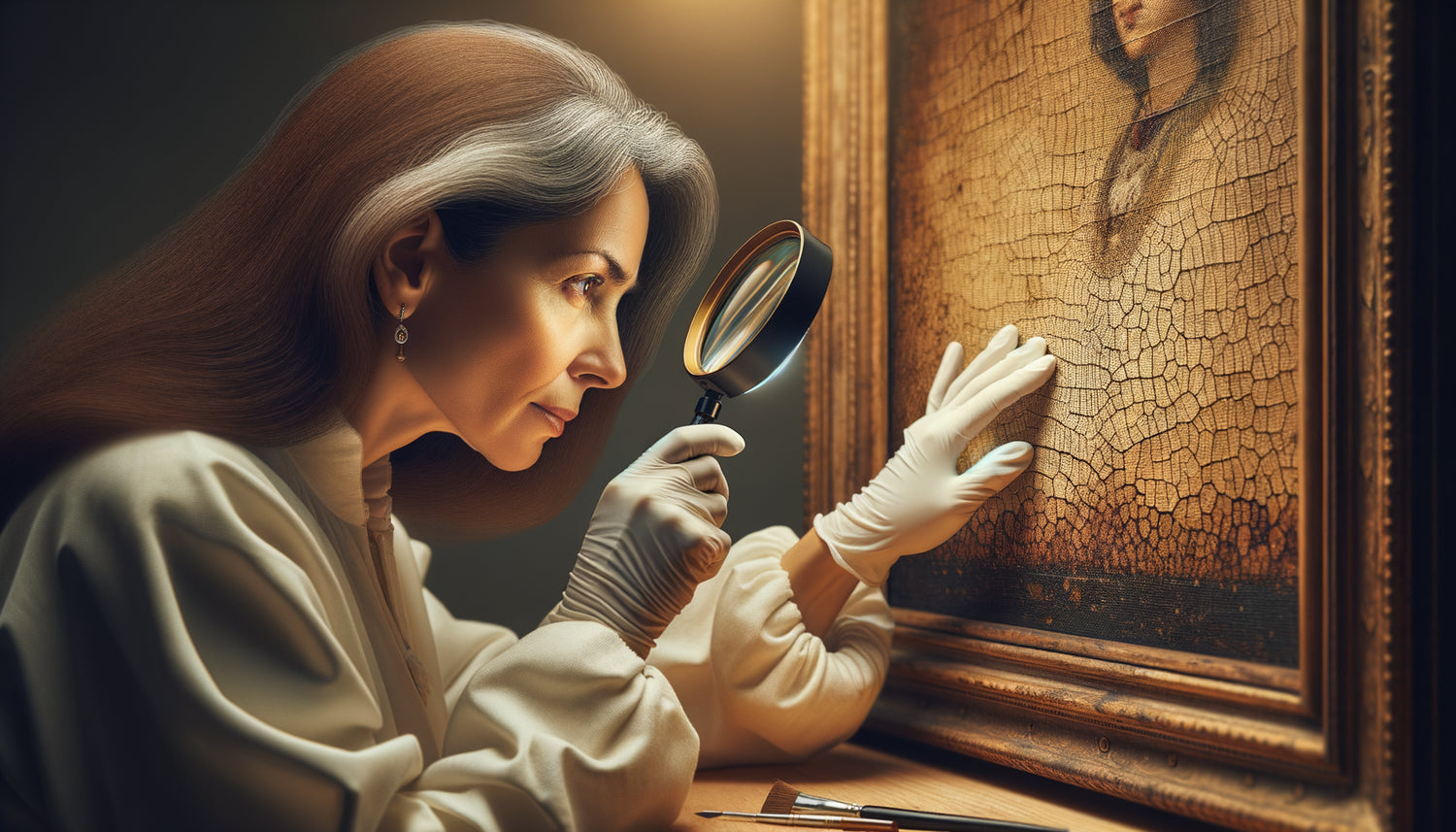 Expert examinant la surface d'un tableau à la loupe pour vérifier authenticité et qualité des pigments