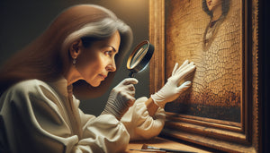 Expert examinant la surface d'un tableau à la loupe pour vérifier authenticité et qualité des pigments