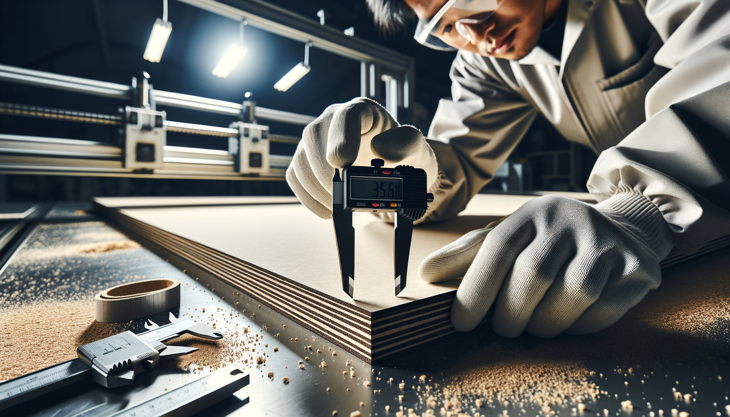 Vérification professionnelle de la rectitude d'un bord de panneau découpé au laser avec règle de précision