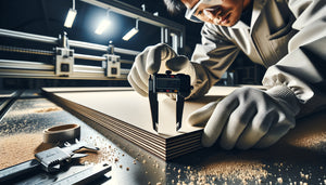 Vérification professionnelle de la rectitude d'un bord de panneau découpé au laser avec règle de précision