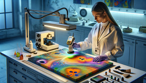 Conservateur d'art vérifiant la résistance aux UV d'un tableau avec une lampe ultraviolette en laboratoire professionnel