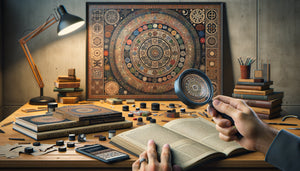 Examen attentif d'un tableau avec loupe pour identifier symboles culturels, livres de recherche et notes sur bureau