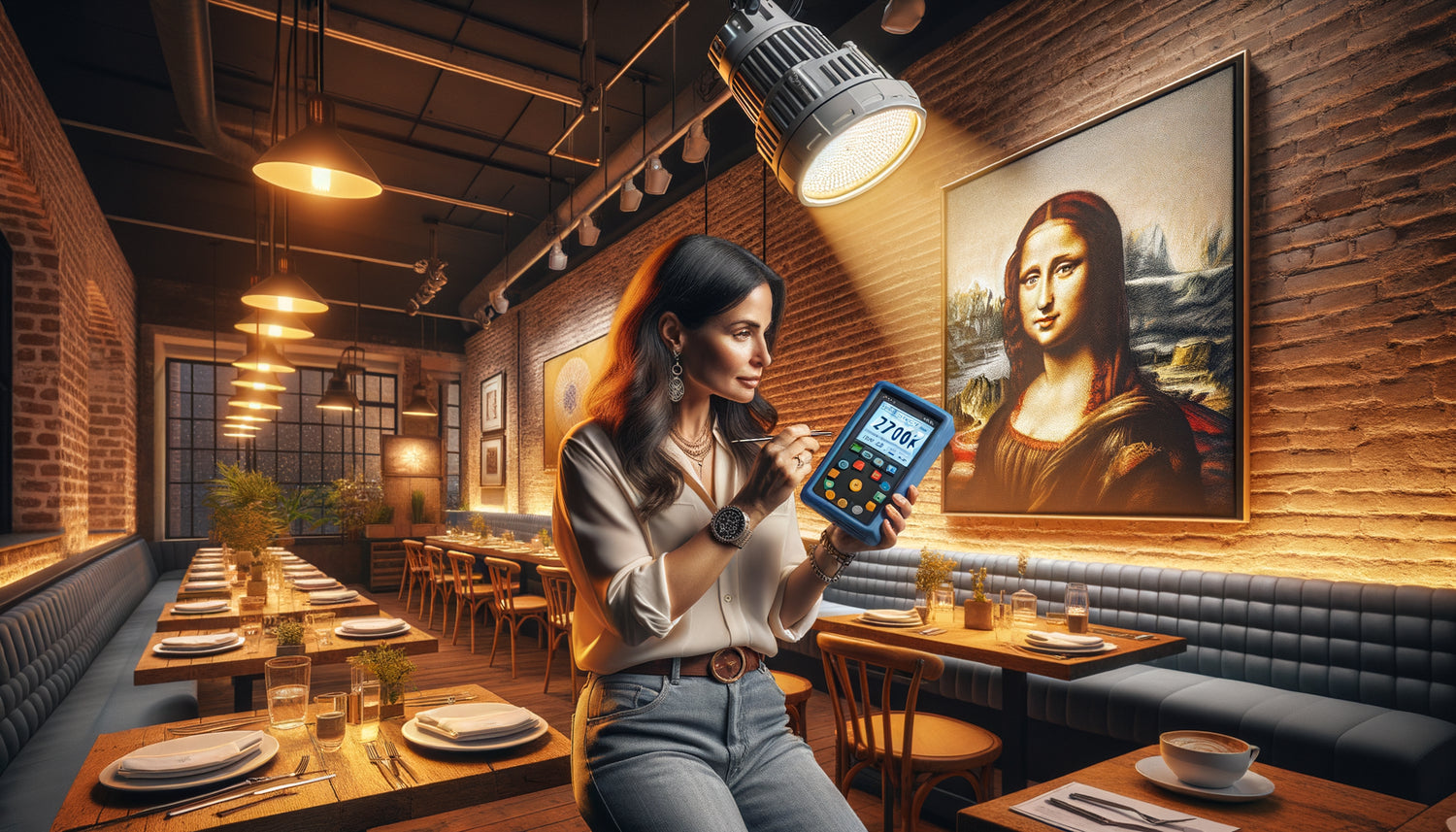 Consultant testant le rendu d'un tableau mural sous différentes températures d'éclairage LED dans un restaurant