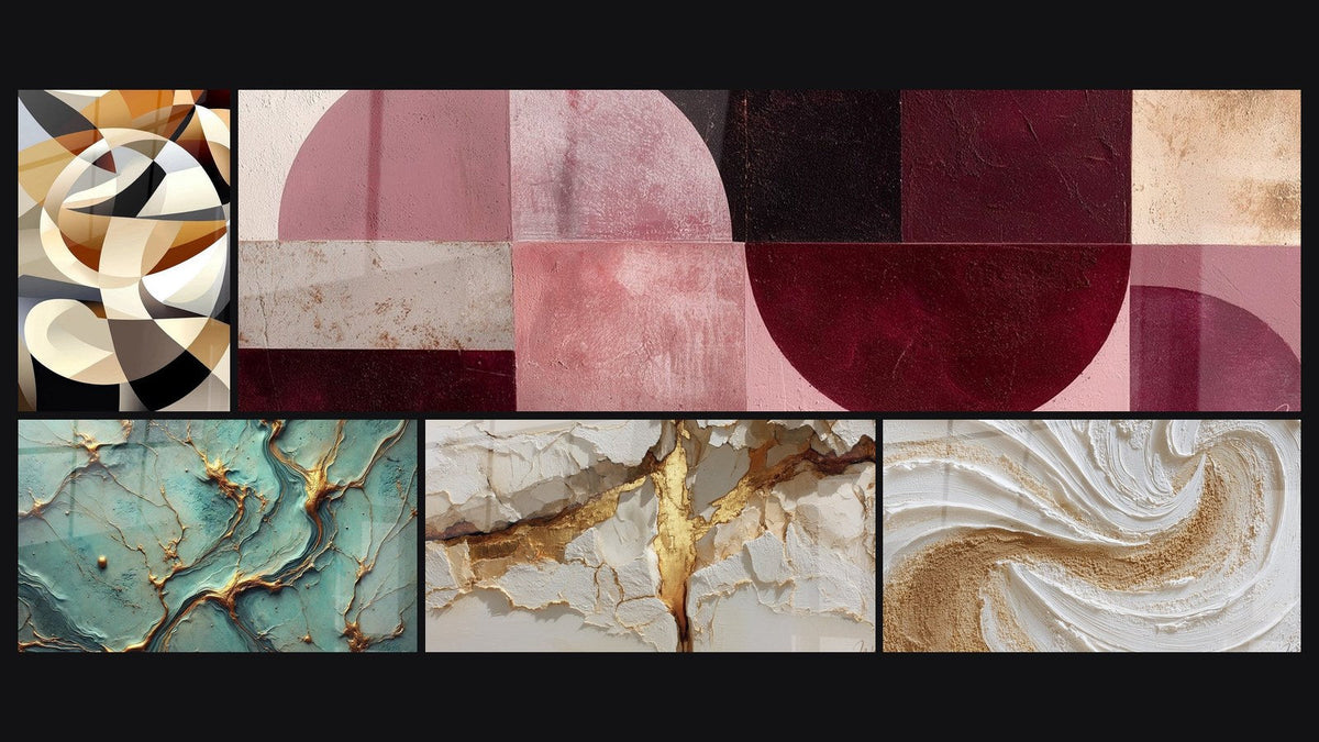 Mosaico di cinque quadri, tra cui Forme circolari intrecciate di e Fiumi d'Oro