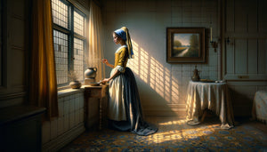 Scène d'intérieur dans le style caractéristique de Vermeer, lumière naturelle latérale douce illuminant une femme près d'une fenêtre, Siècle d'Or hollandais 17ème siècle