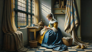 Peinture de style Vermeer, Âge d'Or hollandais, intérieur paisible avec lumière nordique douce et composition équilibrée caractéristique