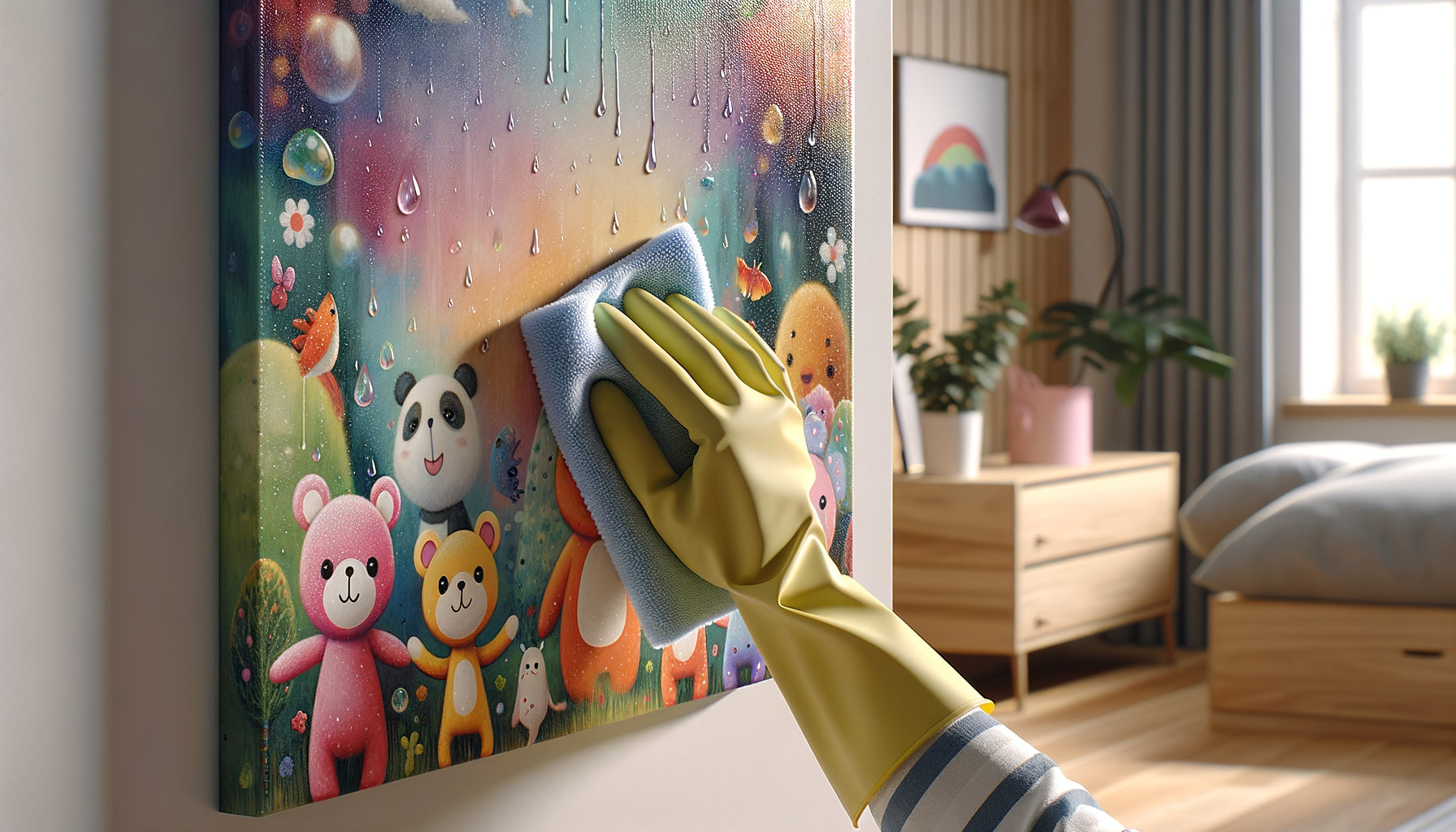 Nettoyage d'un tableau verni dans une chambre d'enfant, protection contre les éclaboussures, vernis lavable transparent