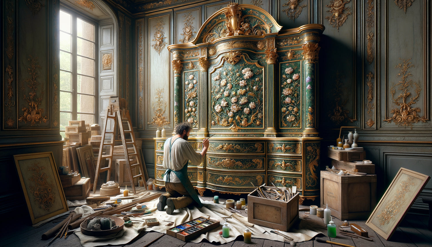 Artisan appliquant la technique du vernis Martin sur boiserie courbe de bibliothèque XVIIIe siècle, décor rocaille peint à la main