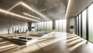 Studio de Pilates moderne avec miroirs muraux montrant la différence entre parquet vernis mat et satin face aux reflets lumineux