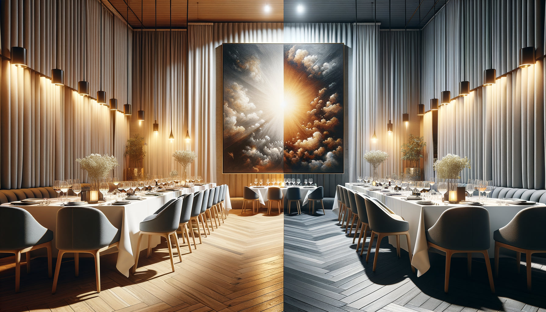 Comparaison vernis brillant reflets versus vernis mat sans reflets sur tableau dans restaurant contemporain élégant