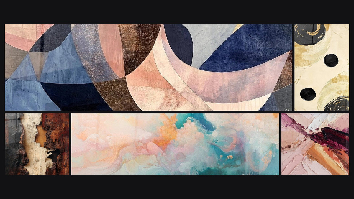 Mosaic of five paintings, including Cumulus Floating Pink and Black Sphere Balance