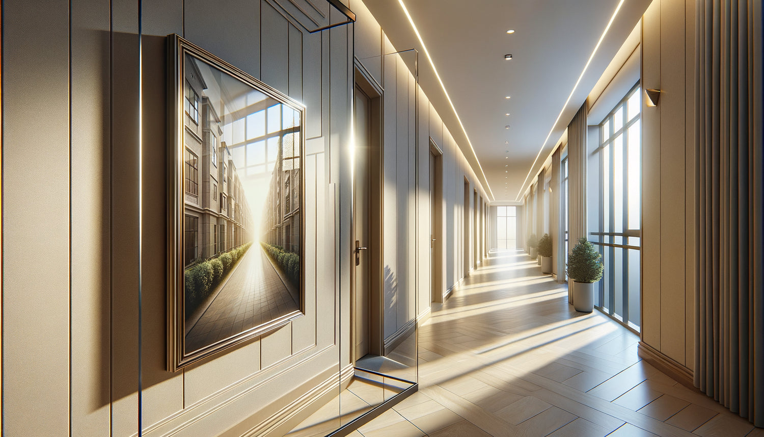 Tableau encadré protégé par verre acrylique antireflet dans couloir de copropriété moderne