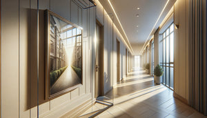 Tableau encadré protégé par verre acrylique antireflet dans couloir de copropriété moderne