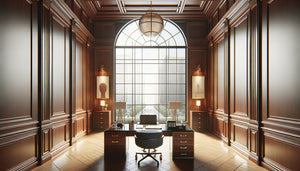 Tableau encadré avec verre anti-reflet dans cabinet professionnel face à une fenêtre lumineuse, aucun reflet visible