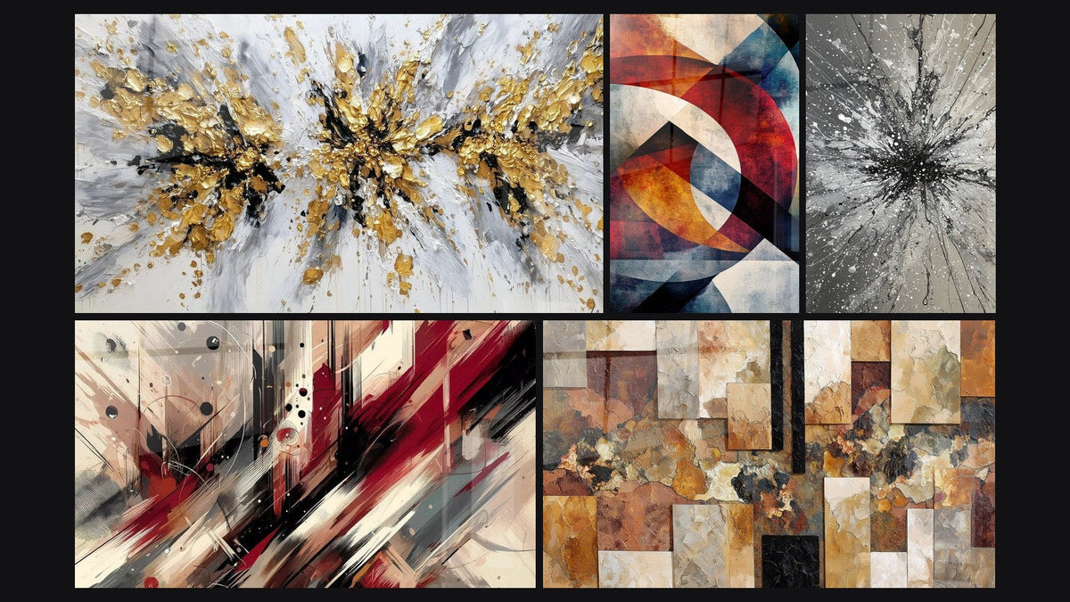 Mosaico de cinco cuadros, entre ellos Explosión dorada y gris sobre fondo blanco y Formas geométricas circulares