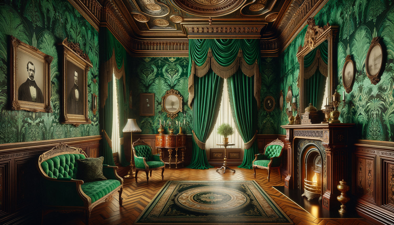 Intérieur victorien des années 1870 avec papier peint vert émeraude arsenical toxique, motifs damassés élaborés, atmosphère d'élégance empoisonnée
