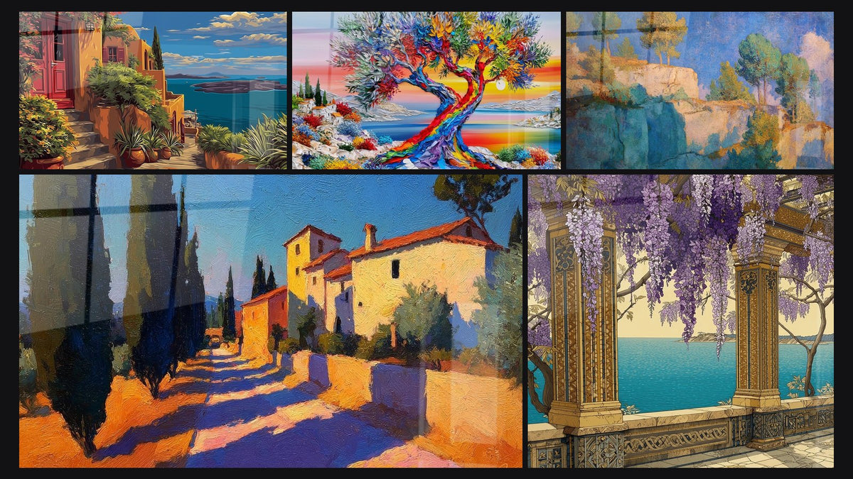 Mosaico di cinque quadri, tra cui Da terrazza mediterranea, Delle scogliere mediterranee e Villaggio mediterraneo di