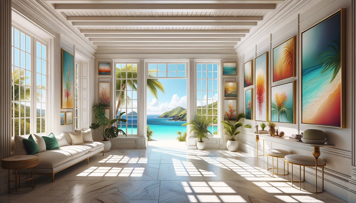 Intérieur de villa caribéenne luxueuse à Saint-Barthélemy avec collection de tableaux sur murs blancs face à l'océan